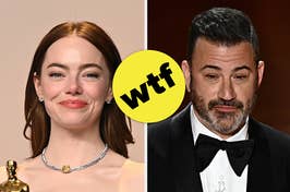 Emma Stone with an Oscar and Jimmy Kimmel in a tuxedo, split image with "Wtf" graphic