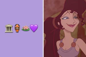 Megara from Hercules smirking, with themed emojis: building, vase, flower, heart on left