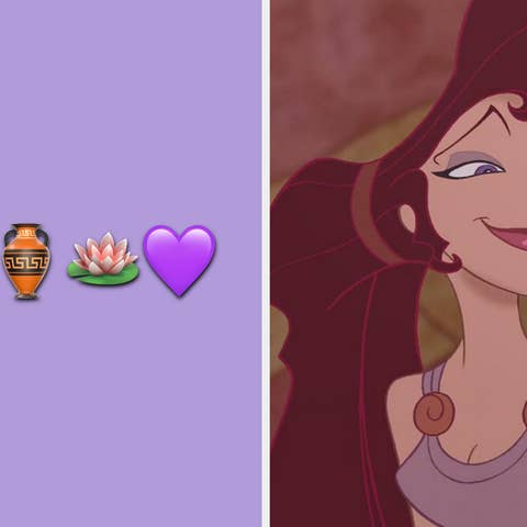 Megara from Hercules smirking, with themed emojis: building, vase, flower, heart on left