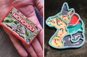 a reviewer holding a tiny monopoly game / a reviewer's unicorn shaped pancake mold with colorful batter inside