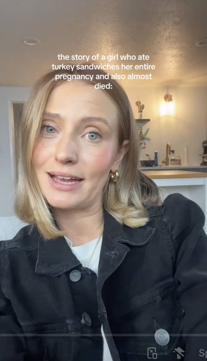 Woman recording a video, expressing surprise, with text about turkey sandwiches and a near-death experience