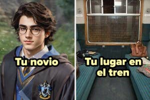 Imagen dividida: a la izquierda, personaje animado con traje de Hogwarts; a la derecha, asiento vacío en tren con bolso