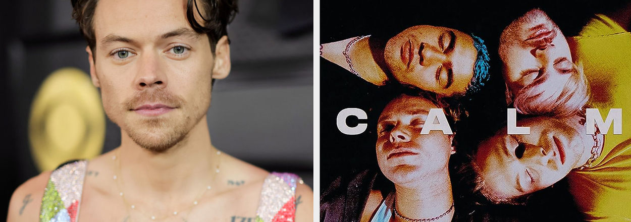 Left: Harry Styles in a bejeweled top at an event. Right: Album cover of 5SOS titled 'CALM' with band members lying down close together