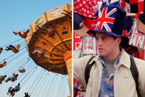 On the left, a swing ride in motion at a fair, and on the right, Joey from Friends wearing a Union Jack hat
