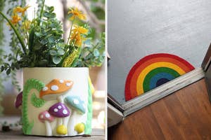 left shows a whimsical planter with mushroom designs, right a semicircular doormat with a rainbow pattern