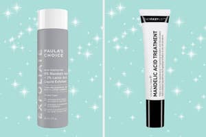 Two skincare products, Paula's Choice 6% Mandelic Avid exfoliant and The INKEY List mandelic acid treatment