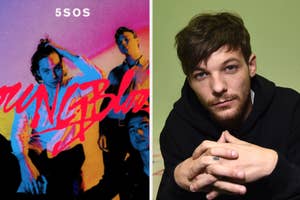 Album cover of 5SOS with "Youngblood" text; portrait of Louis Tomlinson, hands clasped