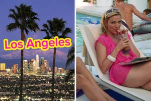On the left, the Los Angeles skyline at night, and on the right, Samantha from Sex and the City sipping a drink by a pool