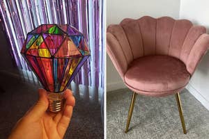 Hand holding a decorative light bulb; pink velvet scalloped chair with gold legs