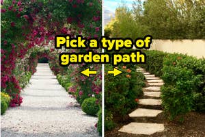 Split image comparing a pebble-lined straight garden path with a stepping stone curved path, text says "Pick a type of garden path"