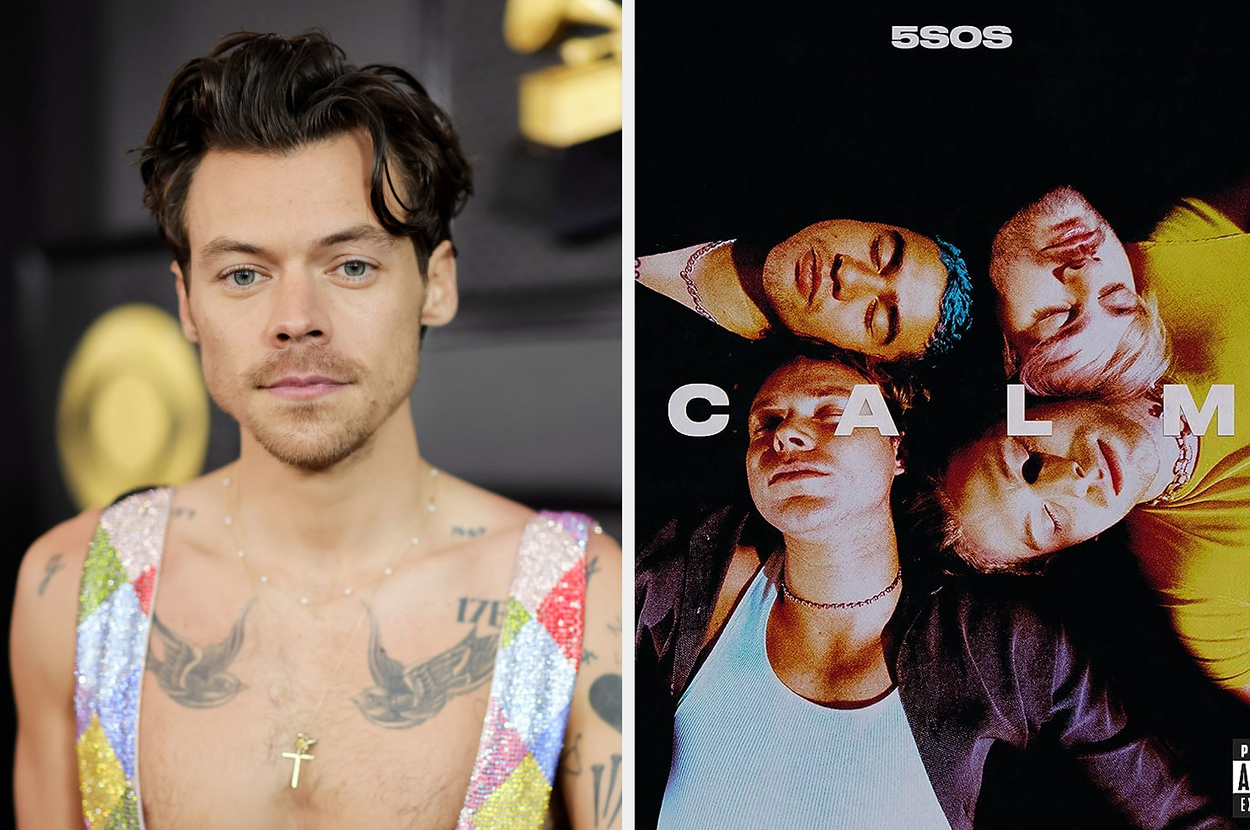 Left: Harry Styles in a bejeweled top at an event. Right: Album cover of 5SOS titled 'CALM' with band members lying down close together