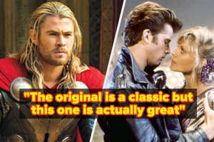 Thor in armor on the left; Danny and Sandy from Grease on the right with a quote about originals and remakes