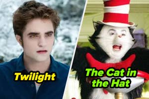 Split image of Edward from "Twilight" and the Cat in the Hat character. Text labels the movies