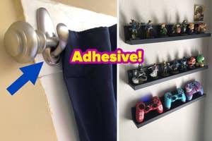 a hook supporting a curtain rod with an arrow pointing to it and three wall ledge shelves with a label between each that reads "adhesive!"