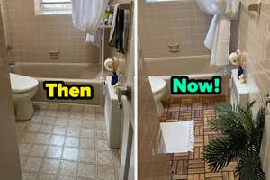Before and after photos of a bathroom floor