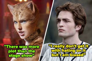 Split image with Taylor Swift as Bombalurina from "Cats" on the left and Robert Pattinson as Edward from "Twilight" on the right, with quotes about their movies