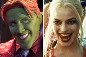 Split image of The Mask in a zoot suit and Harley Quinn smiling, both characters from their respective films