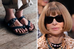 Brown sandals and Anna WIntour looking disappointed