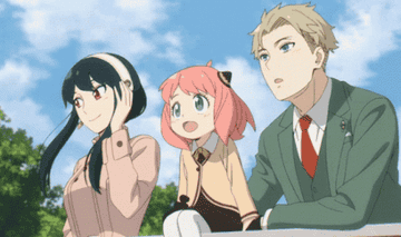 Personajes animados sentados juntos: dos chicas y un chico, expresiones pensativas