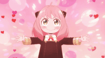 Personaje animado femenino con traje escolar extendiendo los brazos frente a fondo de corazones