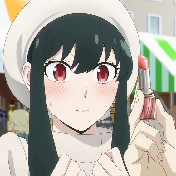 Personaje de anime sosteniendo un lápiz labial, expresión sorprendida