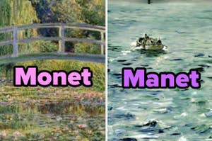 Dos pinturas comparando a los artistas Monet y Manet con sus nombres destacados