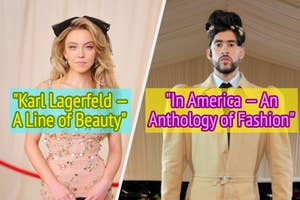 Sydney Sweeney wearing beaded dress with text "Karl Lagerfeld - A Line of Beauty," Bad Bunny in a classic suit with "In America - An Anthology of Fashion" text