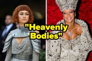 Zendaya in a metallic chainmail outfit with shoulder pads, Rihanna in an ornate headdress and jeweled neckline. Text: "Heavenly Bodies"