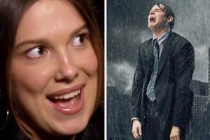 Split image; left side features a smiling woman, right side shows a man in a suit soaked in the rain