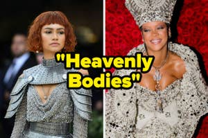 Zendaya in a metallic chainmail outfit with shoulder pads, Rihanna in an ornate headdress and jeweled neckline. Text: "Heavenly Bodies"