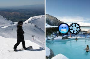 Left: Person snowboarding on a mountain slope. Right: People relaxing in a hot spring pool with snowy background