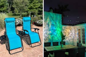 Two images showcase outdoor furniture: lounging chairs in a garden and a patio dining set with ambient lighting