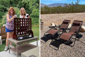 Two individuals playing a large connect four game; outdoor loungers nearby. Perfect for family game day shopping