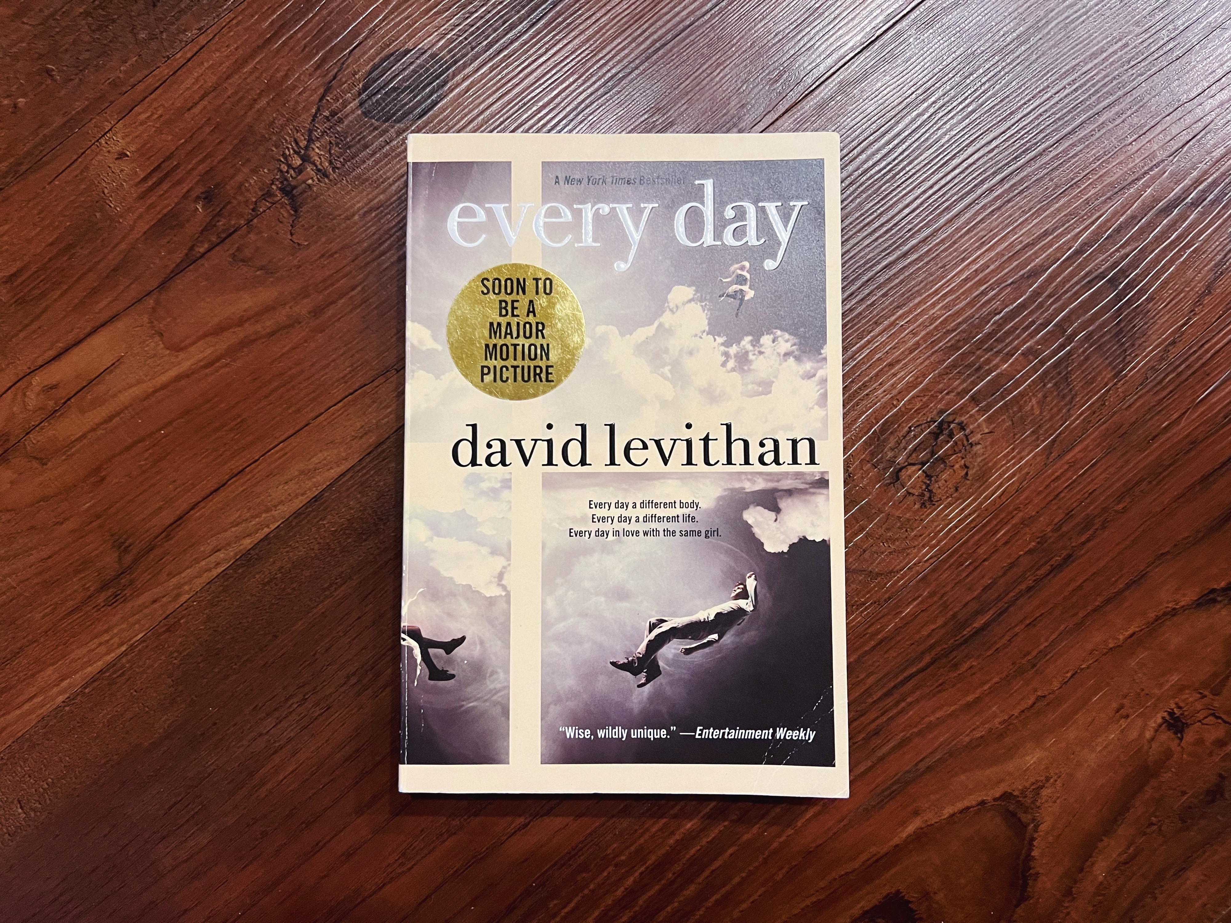 Book cover of &quot;Every Day&quot; by David Levithan with a quote from Entertainment Weekly and a note about a forthcoming movie adaptation