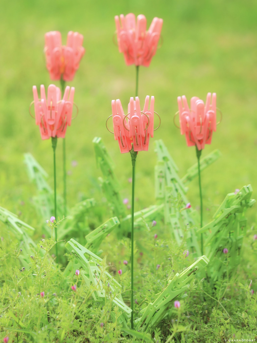 草原に挿された洗濯ばさみで作られたピンクの花のアートインスタレーション