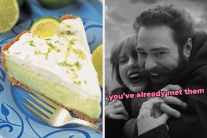 On the left, a slice of lime pie on a plate with a fork on the side, next to a lime slice, and on the right, Taylor Swift and Post Malone hugging in the Fortnight music video labeled you've already met them