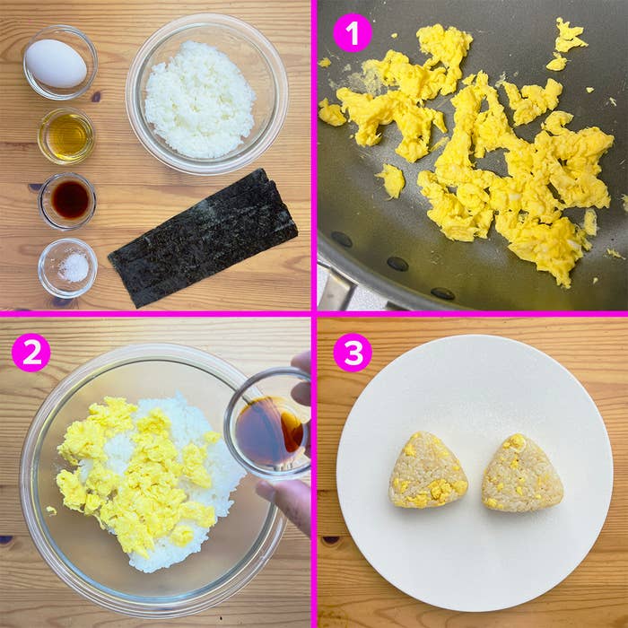 お米と卵、調味料が並んでおり、卵を炒める工程、おにぎりの形にする様子が映った料理説明画像です。