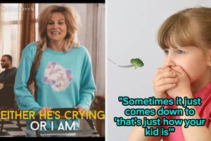 Woman in graphic sweater, another young child with a broccoli on a fork in front of her, text overlay on image with parenting quote