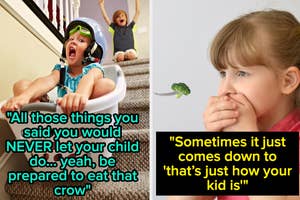 Child with helmet rides laundry basket down stairs as another child watches; girl grimaces at vegetable, text about parenting