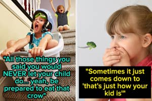 Child with helmet rides laundry basket down stairs as another child watches; girl grimaces at vegetable, text about parenting