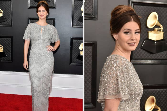 Lana Del Rey at the Grammys, wearing a sparkling full-length gown with short sleeves and a split neck