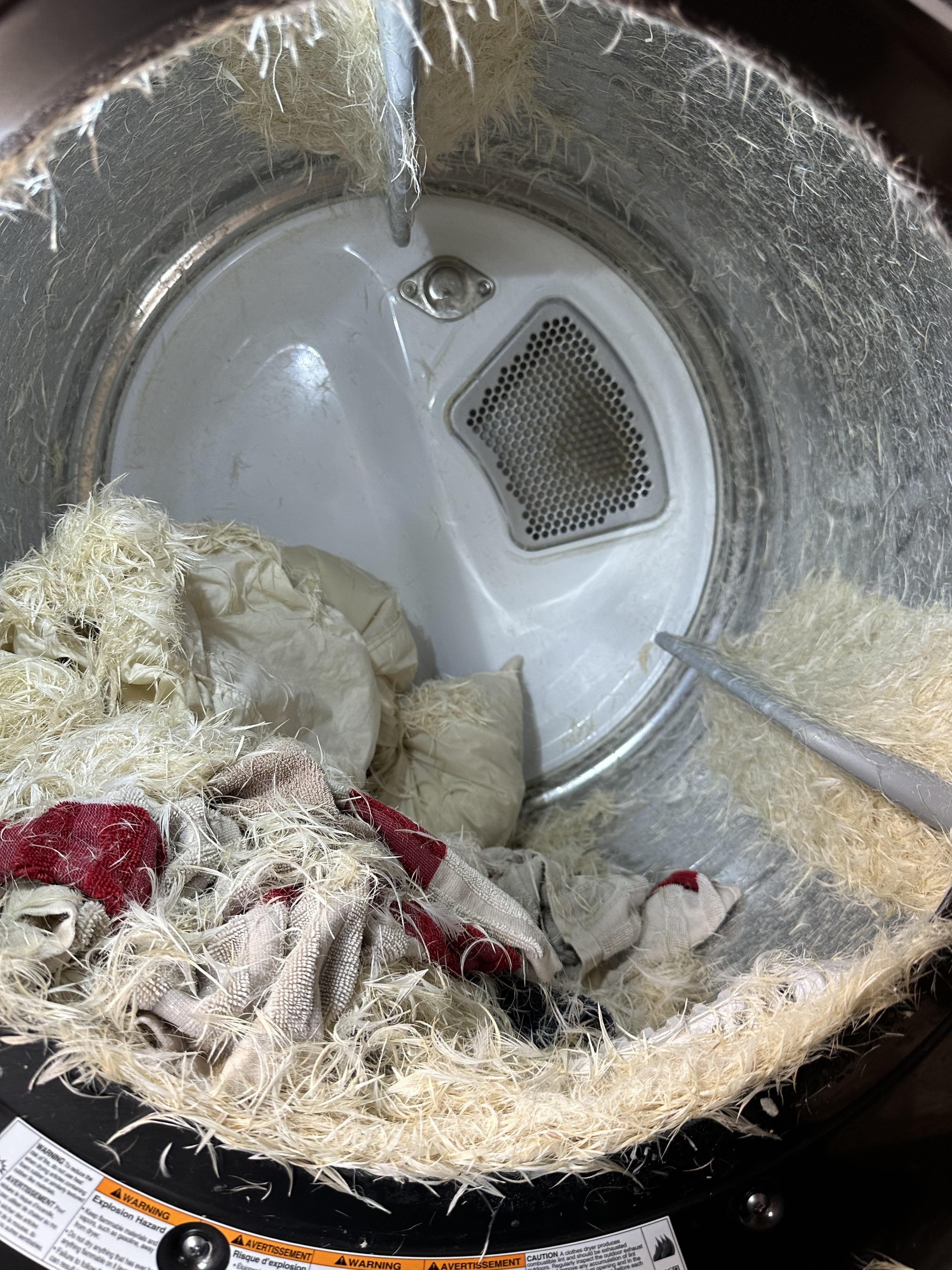A washing machine drum filled with lint and a few pieces of fabric