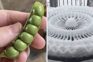 Two images side by side, one of a hand holding a pea pod with peas, the other of a circular snow pattern on a chair resembling the pea pod