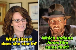 A woman with glasses and a man wearing a hat, with trivia questions about a sitcom and an Indiana Jones film