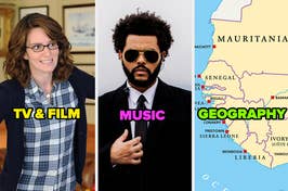 Tina Fey in casual blouse, Abel Tesfaye in suit & sunglasses, map of West Africa with highlighted countries