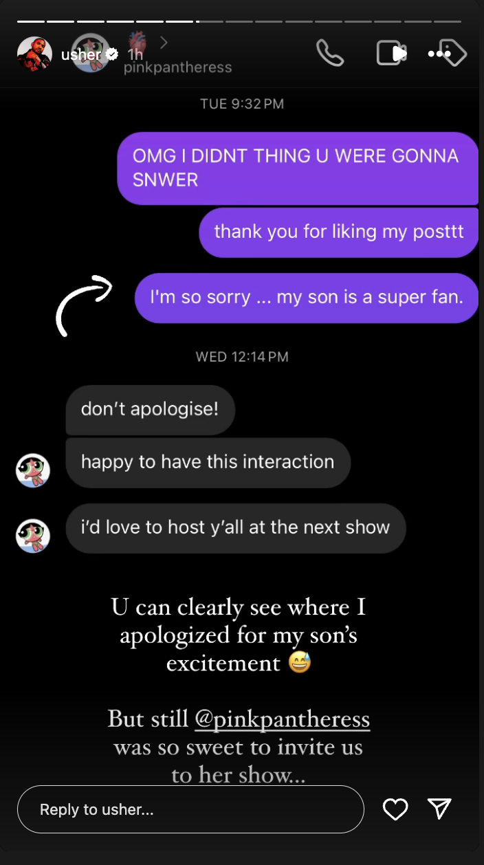 Text conversation in a messaging app discussing an invitation to a show with appreciation expressed