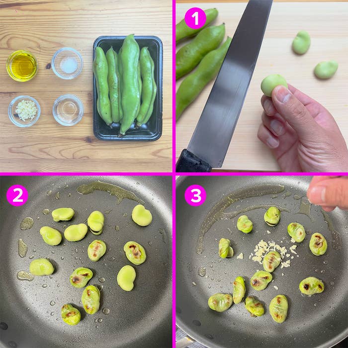 料理の手順を示す画像。上段左は材料、右はそら豆を切る手。下段左はフライパンでそら豆を焼く様子、右はニンニクを加える場面。