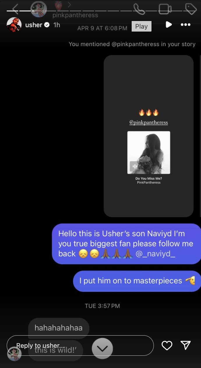 Screenshot of a social media interaction with a shared image featuring a silhouette, flame emoji, and texts by a fan to a user named @usher