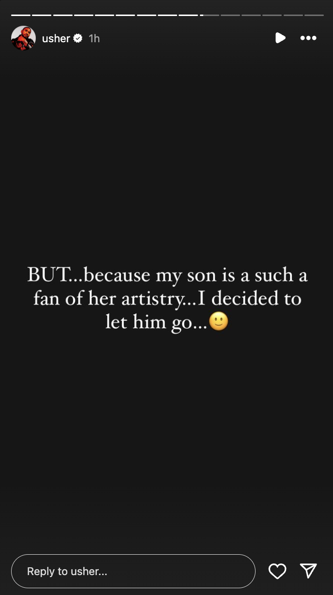 Text post on dark background: &quot;BUT...because my son is a fan of her artistry...I decided to let him go...?&quot;