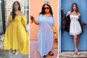 Three women in casual, stylish dresses posing for a fashion-oriented shopping article